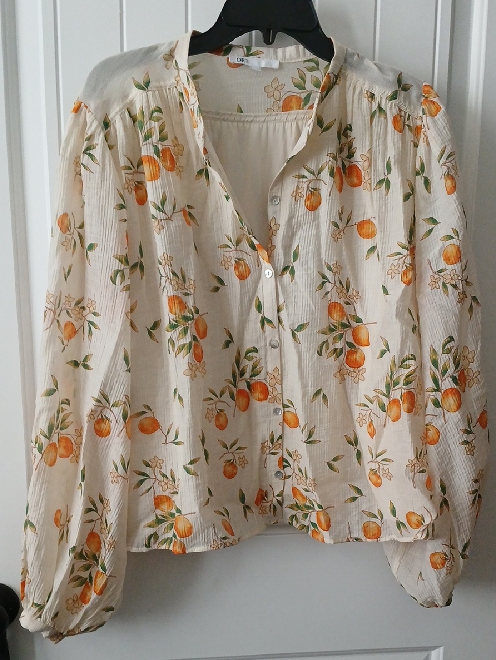 DR2 Cream Blouse with Orange and Green Fruit Print